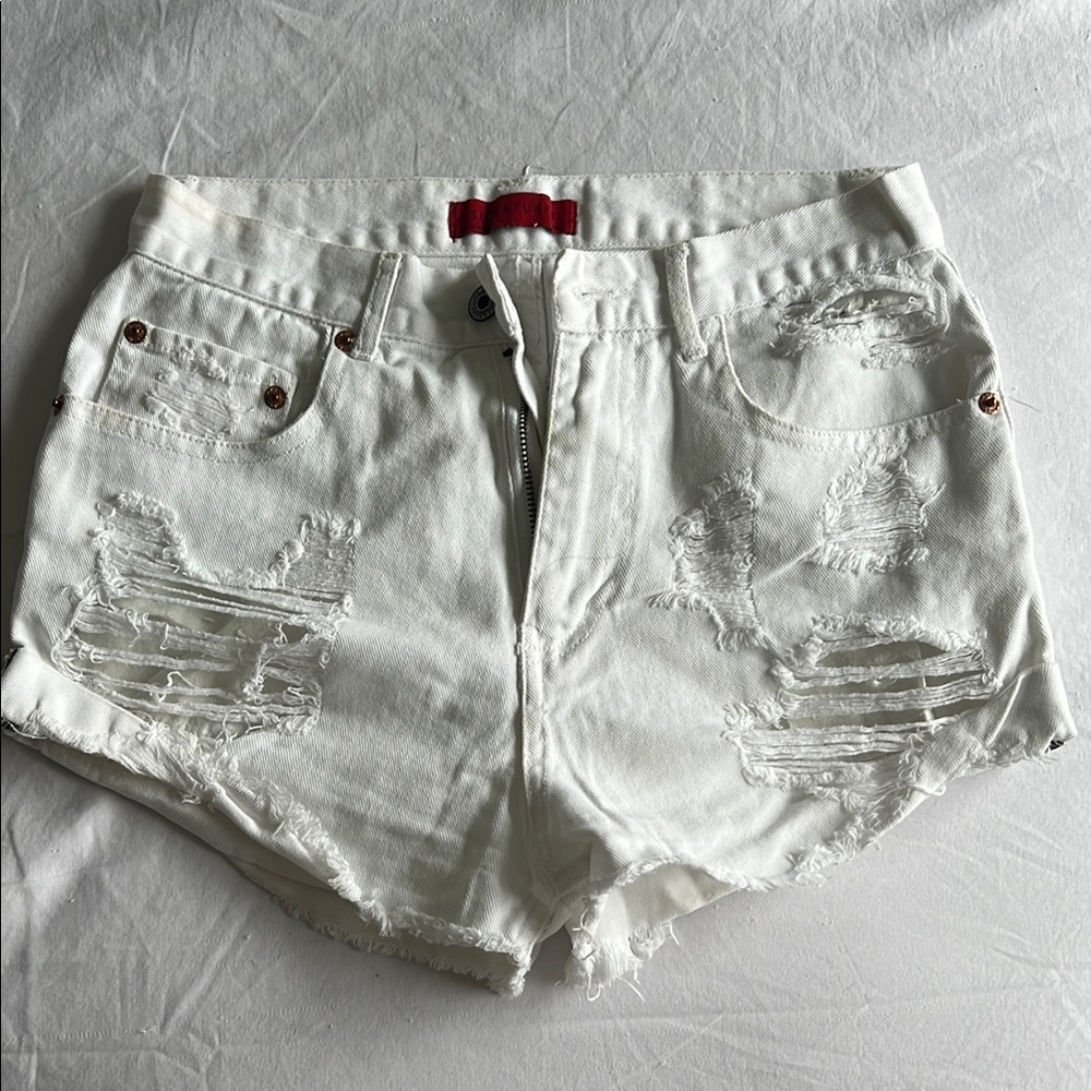 White Jean Shorts with Distressed Raw Hem